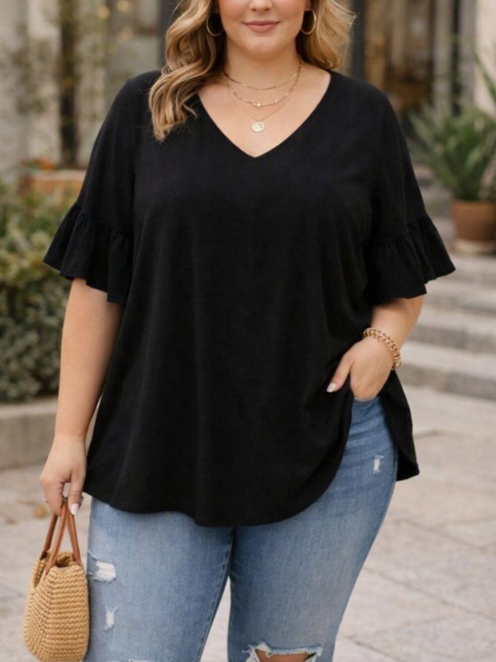 Cream n Sugar Black V-Neck Flowy Top Shirt XL Boho Chic Whimsigoth Made in USA